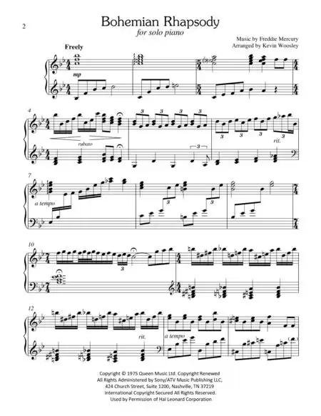 Bohemian Rhapsody By Freddie Mercury Digital Piano Solo Sheet Music Arranged by Kevin Woosley