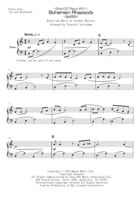Bohemian Rhapsody By Freddie Mercury Digital Piano Sheet Music Arranged by Tsuyoshi Yoroiguma