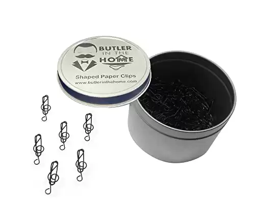 Black Treble Clef Shaped Paper Clips with Round Tin, 100 Count