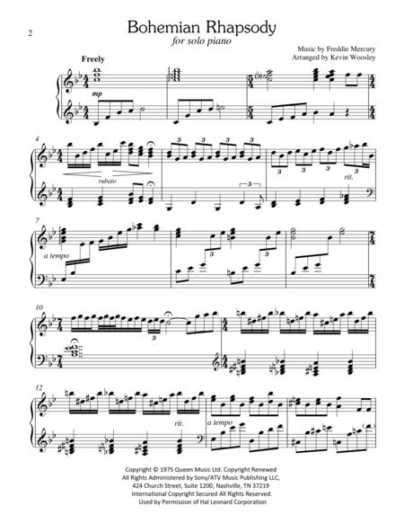 Bohemian Rhapsody By Freddie Mercury Digital Piano Solo Sheet Music Arranged by Kevin Woosley