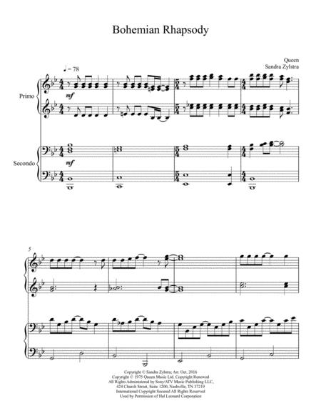 Bohemian Rhapsody By Freddie Mercury Digital Piano Sheet Music Duet Arranged by Sandra Zylstra